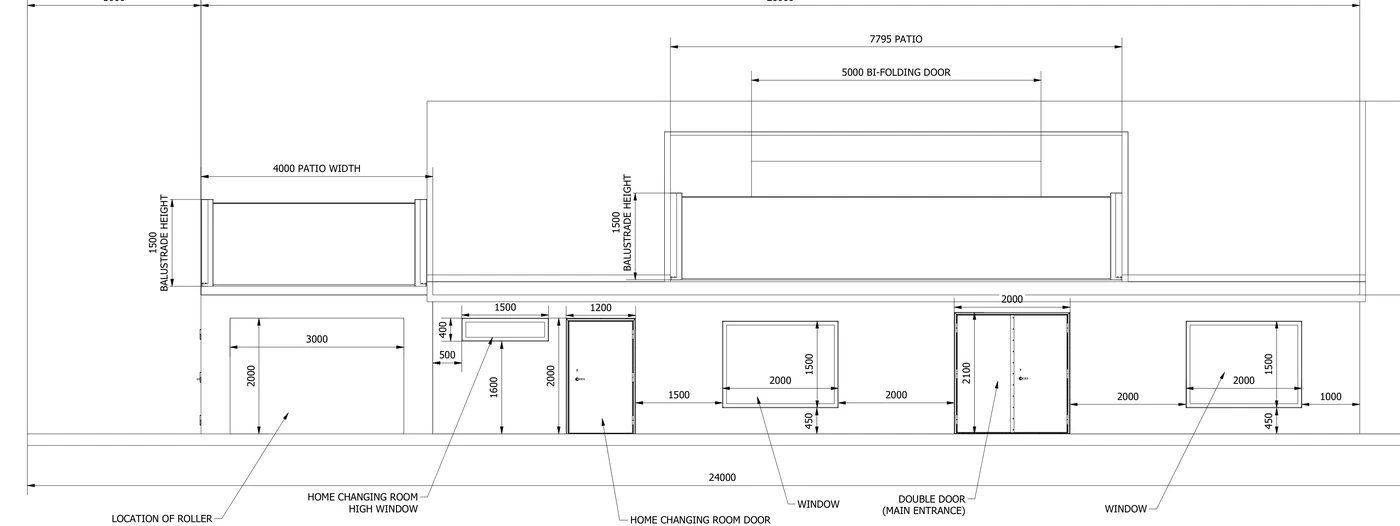 Dimensioned front elevation of the clubhouse extension