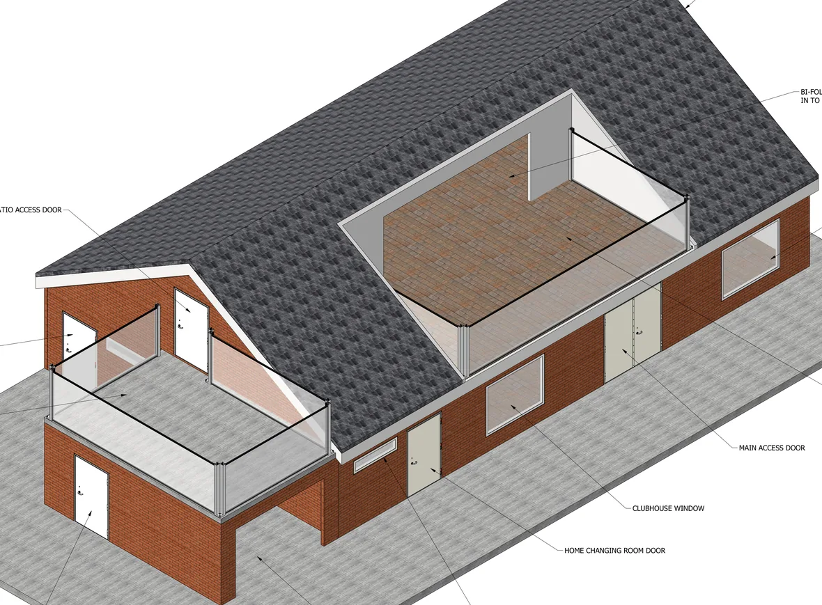 3D Autodesk Inventor model of the Baglan Cricket Club clubhouse extension — red-brick walls, slate pitched roof and a glass-balustrade patio with bi-fold doors