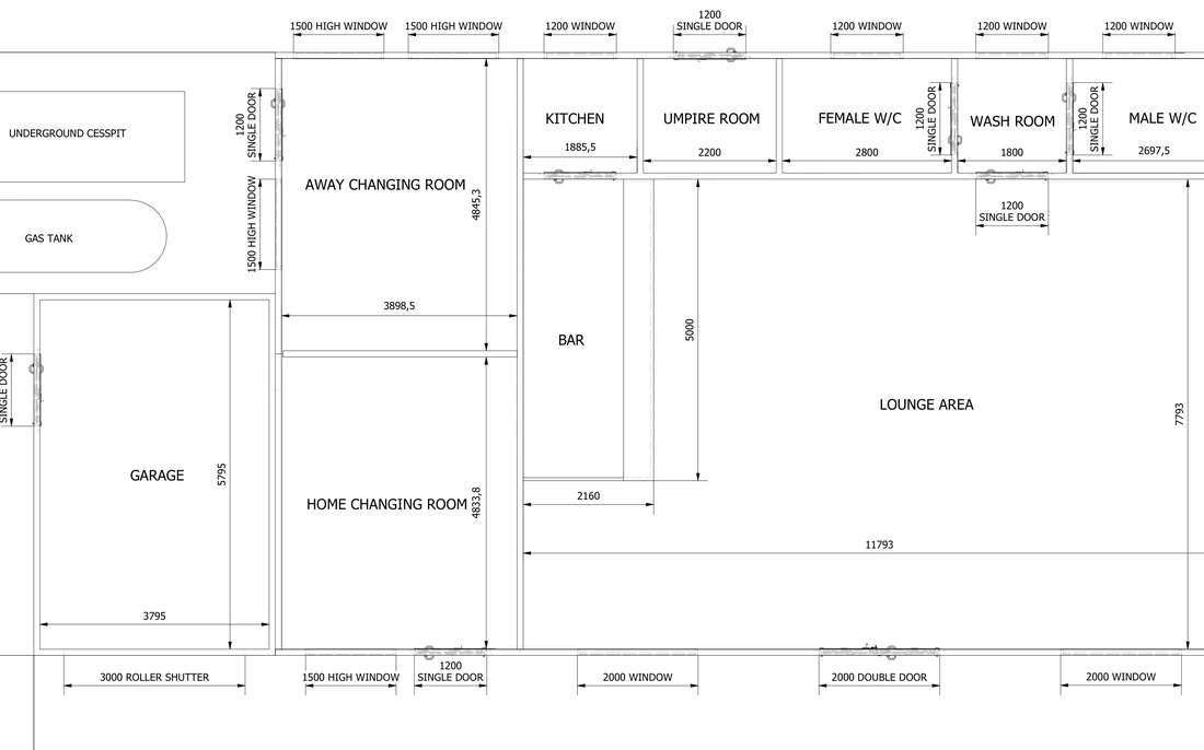 Dimensioned ground-floor plan of the clubhouse extension